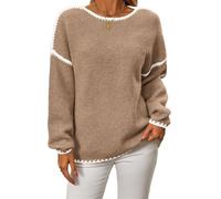 BTFONIA Womens Sweaters Fall Oversized Long Sleeve Chunky Knit Crew Neck Contrast Stitching Pullover Winter Clothes(Khaki,L)