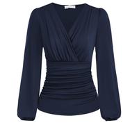 BTFONIA Womens Tops Elegant Wrap Blouse V Neck Work Shirts Fall Fashion Long Sleeve Dressy Casual Ruched Top(Blue,XL)