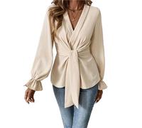 BTFONIA Women's Twist Front Wrap V Neck Long Sleeve Blouse Elegant Asymmetrical Hem Peplum Shirt Tops(M) Apricot