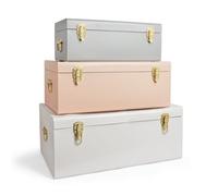 Beautify Storage Trunks, Set of 3 Pastel Stainless Steel Storage Chests w/Gold Detailing, Stackable Bedroom Chest Organiser w/Lockable Lids, Sturdy Multi-Purpose Bedding, Blanket & Toy Box
