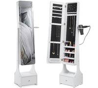 BTFY Mirror Jewellery Cabinet - Free Standing Mirror with Storage - Full Length Tilting Armoire for Bedroom - Jewellery Storage for Earrings, Rings & Necklaces w/ LED Lights, Hair Dryer Ring & Drawer