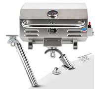 BTG Gear Tailwaves Marine Grill w/Rod Holder Mount | Stainless Steel | Propane BBQ for Boats & Tailgating & Camping | Built in Thermometer | Portable | Fold-away legs