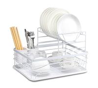 BTGGG 2 Tier Dish Drainer with Removable Drip Tray, Metal Kitchen Drying Rack Organiser with Wooden Handles, White, 43 * 32 * 27 cm