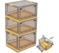 BTGGG 3 Pack Collapsible Storage Box Large 42L*3 Stackable Clear Plastic Storage Box Organizer, 3 Sides Openable for Easy Access, Folding Containers Bin for Books Toys Clothes (Yellow)