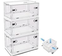 BTGGG 3 Pack Collapsible Storage Box Large 42L*3 Stackable Clear Plastic Storage Box Organizer, 3 Sides Openable for Easy Access, Folding Containers Bin for Books Toys Clothes (White)