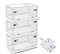 BTGGG 3 Pack Collapsible Storage Box Medium 30L*3 Stackable Clear Plastic Storage Box Organizer, 3 Sides Openable for Easy Access, Folding Containers Bin for Books Toys Clothes(White)