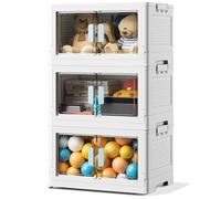 BTGGG 3 Pack Stackable Storage Boxes Large 50L*3 Foldable Collapsible Clear Storage Boxes Organizer 50 * 36 * 90cm, Front Door Opening for Easy Access, Movable Stacking Storage Box for Toys Clothes