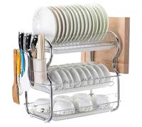 BTGGG 3 Tier Dish Drainer Stainless Steel Dish Rack with 3 Removable Drip Trays, Kitchen Drying Rack with Removable Utensil Holder & Cutting Board Holder for Kitchen Counter, Large Capacity