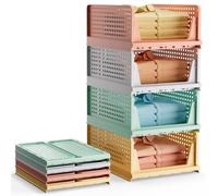 BTGGG 4 Pack Mix-Color Wardrobe Storage Organiser, Stackable Storage Drawers for Wardrobe, Plastic Clothing Closet Organiser Foldable Boxes Baskets Shelves for Cabinet Pantry Laundry Organisation