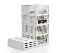 BTGGG 4 Pack Wardrobe Storage Organiser, Stackable Storage Drawers for Wardrobe, Plastic Clothing Closet Organiser Foldable Boxes Baskets Shelves for Closet Cabinet Pantry Laundry Organisation