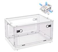 BTGGG Collapsible Storage Box Medium 30L Stackable Clear Plastic Wardrobe Storage Box Organizer 41 * 30 * 25cm, 3 Sides Openable for Easy Access, Folding Containers Bin for Books Toys Clothes(White)