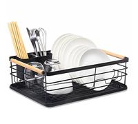 BTGGG Dish Drainer Rack with Removable Drip Tray, Metal Kitchen Dish Drying Rack Organiser with Wooden Handles, Dish Rack, Dish Drainers, Black, 43 x 30.5 x 14 cm