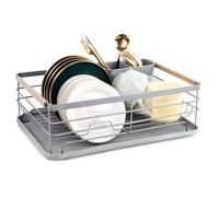 BTGGG Dish Drainer Rack with Removable Drip Tray, Metal Kitchen Dish Drying Rack Organiser with Wooden Handles, Dish Rack, Dish Drainers, Gray, 43 x 30.5 x 14cm