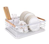 BTGGG Dish Drainer Rack with Removable Drip Tray, Metal Kitchen Drying Rack Organiser with Wooden Handles, White, 43 x 30.5 x 14 cm