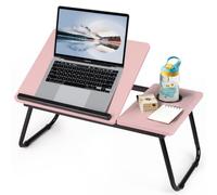 BTGGG Laptop Bed Table, Portable Bed Desk with Foldable Legs & Cup Slot, Laptop Tray Folding Tables 5-Level Height Adjustable Notebook Laptop Stand for Bed, Sofa, Carpet (Pink)