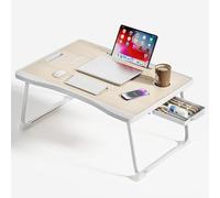 BTGGG Laptop Bed Table, Portable Lap Bed Desk with Handle, Foldable Computer Bed Table with Cup Slot & Side Drawer, Notebook Stand Breakfast Bed Tray for Bed, Sofa, Balcony,Carpet (Maple)