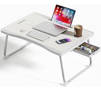 BTGGG Laptop Bed Table, Portable Lap Bed Desk with Handle, Foldable Computer Bed Table with Cup Slot & Side Drawer, Notebook Stand Breakfast Bed Tray for Bed, Sofa, Balcony,Carpet (White)