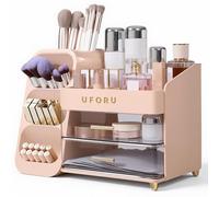 BTGGG Makeup Cosmetic Storage Box with Drawers & Makeup Brush Holder, Premium Countertop Organiser for Skincare, Lipstick, Beauty Products & Jewelry for Bathroom Bedroom Birthday Gift (Pink)