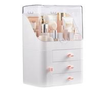 BTGGG Multi-Function Makeup Organiser Dust-Proof Make-up Organiser Storage with brush holder and lip slots, Waterproof Cosmetic Storage Box with 3 Drawers for Bedroom Bathroom Desktop, White