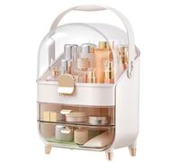 BTGGG Multi-Function Makeup Organiser with Lid, Dustproof Make up Organiser Portable Skincare Organiser Waterproof Cosmetic Storage Box with 2 Drawers for Bedroom Bathroom Desktop, Pearl White