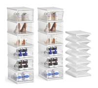 BTGGG Shoe Storage Box, Set of 12 Collapsible Shoe Boxes Clear Stackable Storage Boxes Fits UK Size 9, Foldable Containers Sneaker Organiser with Door for Women/Men, 25.5 * 34.5 * 105cm