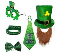 Btgghytr StPatrick Day Celebration Costume Set Beard Hat Necktie Eyewear Festival Themed Party Shamrock Props Irish Accessories