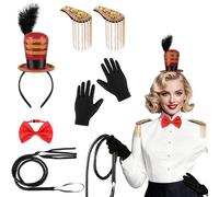BTHRORO Circus Ringmaster Costume Accessories Mini Top Hat Headband Golden Tassel Epaulettes Faux Leather Whip Bow Tie Gloves for Lion Tamer Costume Women Men Carnival Halloween Cosplay
