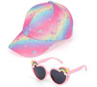 BTHRORO Girls Baseball Cap Sunglasses for Kids, Tie Dye Trucker Cap Adjustable Baseball Hat Pink Heart Sunglasses UV Protection Fantasy Starry Sky Sun Visor Hat for Girls 3-9 Years