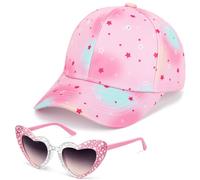 BTHRORO Girls Baseball Cap Sunglasses for Kids, Tie Dye Trucker Cap Adjustable Baseball Hat Pink Heart Sunglasses UV Protection Fantasy Starry Sky Sun Visor Hat for Girls 3-10 Years