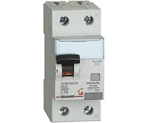 BTicino GC8813AC16 BTDIN Differential Circuit Breaker 1P + N, 4.5 kA IDN = 0.03 A, In = 16 A