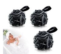 Bticx 3Pcs Black Bath Shower Sponge, Exfoliating Pouf Loofahs, Gentle Shower Scrub Mesh Body Brush Ball