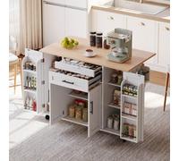 Btm 129X46(71)X91Cm Kitchen Island On Wheels, Foldable Top, Adjustable Shelves, 2 Drawers
