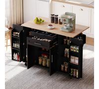 Btm 129X46(71)X91Cm Kitchen Island On Wheels, Foldable Top, Adjustable Shelves, 2 Drawers