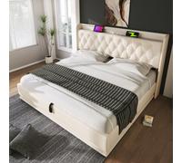 Btm 150X200 King Upholstered Ottoman Bed White Pu With Hydraulic Storage Large Space 360 Led Lighting Charging Function
