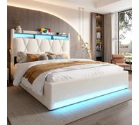 Btm 150X200Cm Bed Frame, Led Lighting, Usb-C Ports, Under-Bed Storage, Upholstered, Beige (No Mattress)