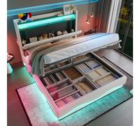 Btm 150X200Cm Upholstered Bed Frame, Led Lighting, Shelf Headboard, Usb Ports, Storage Base, Beige