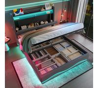 Btm 150X200Cm Upholstered Bed, Led Headboard, Storage Shelves, Usb Charging, Lift-Up Base, Grey