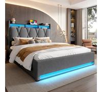 Btm 150X200Cm Upholstered Bed, Led, Usb/type-C Ports, Storage Headboard, Hydraulic Lift, Dark Grey (No Mattress)