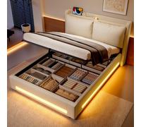 Btm 150X200Cm Upholstered Bed, Linen Headboard, Led, Usb-C Ports, Storage Shelf, Hydraulic Storage