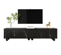 Btm 180Cm Black Tv Cabinet With Wooden Legs, Minimalist Design And Large Storage