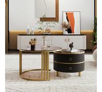 Btm 2-In-1 Mdf Round Coffee Table Set With High-Gloss Top & Brown Tempered Glass Side Table, 2 Drawers, For Living Room