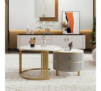 Btm 2-In-1 Mdf Round Coffee Table With Glossy Surface & White Marble Top, 2 Drawers, White & Grey, Living Room Set