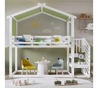 Btm 3Ft Bunk Bed For Kids With Canopy, Corner Staircase And Bookshelf, Mdf + Pine, White And Green