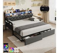 Btm 3Ft Daybed With Trundle & Drawer, Led & Charging, Storage Headboard, Grey (No Mattress)