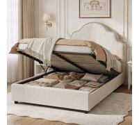 Btm 3Ft Kids Scalloped Upholstered Ottoman Bed, Hydraulic Storage, Curved Headboard, Linen Beige