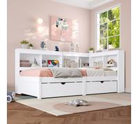 Btm 3Ft L Shape Daybed With 2 Drawers Bookcase Storage, Wooden Bed With Charging Station, White, 90X190Cm