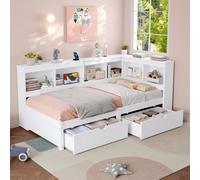 Btm 3Ft L Shape Daybed With 2 Drawers Bookcase Storage, Wooden Bed With Charging Station, White, 90X190Cm
