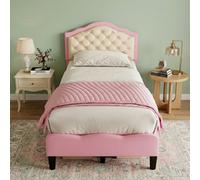Btm 3Ft Pu Leather Upholstered Bed, Adjustable Tufted Headboard, Wooden Slats, No Box Spring, Pink/beige, Easy Assembly