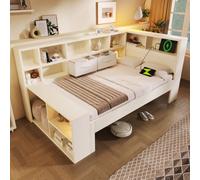 Btm 3Ft Single Bed With Storage & Usb Type-C, 90X190Cm Platform Bed With Bookcase, White