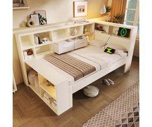 Btm 3Ft Single Bed With Storage & Usb Type-C, 90X190Cm Platform Bed With Bookcase, White